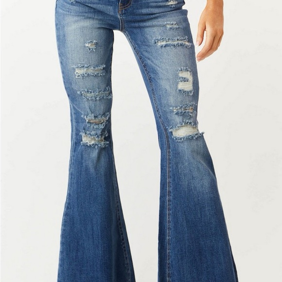 Denim - Women's Distressed Flare Jeans - Blue